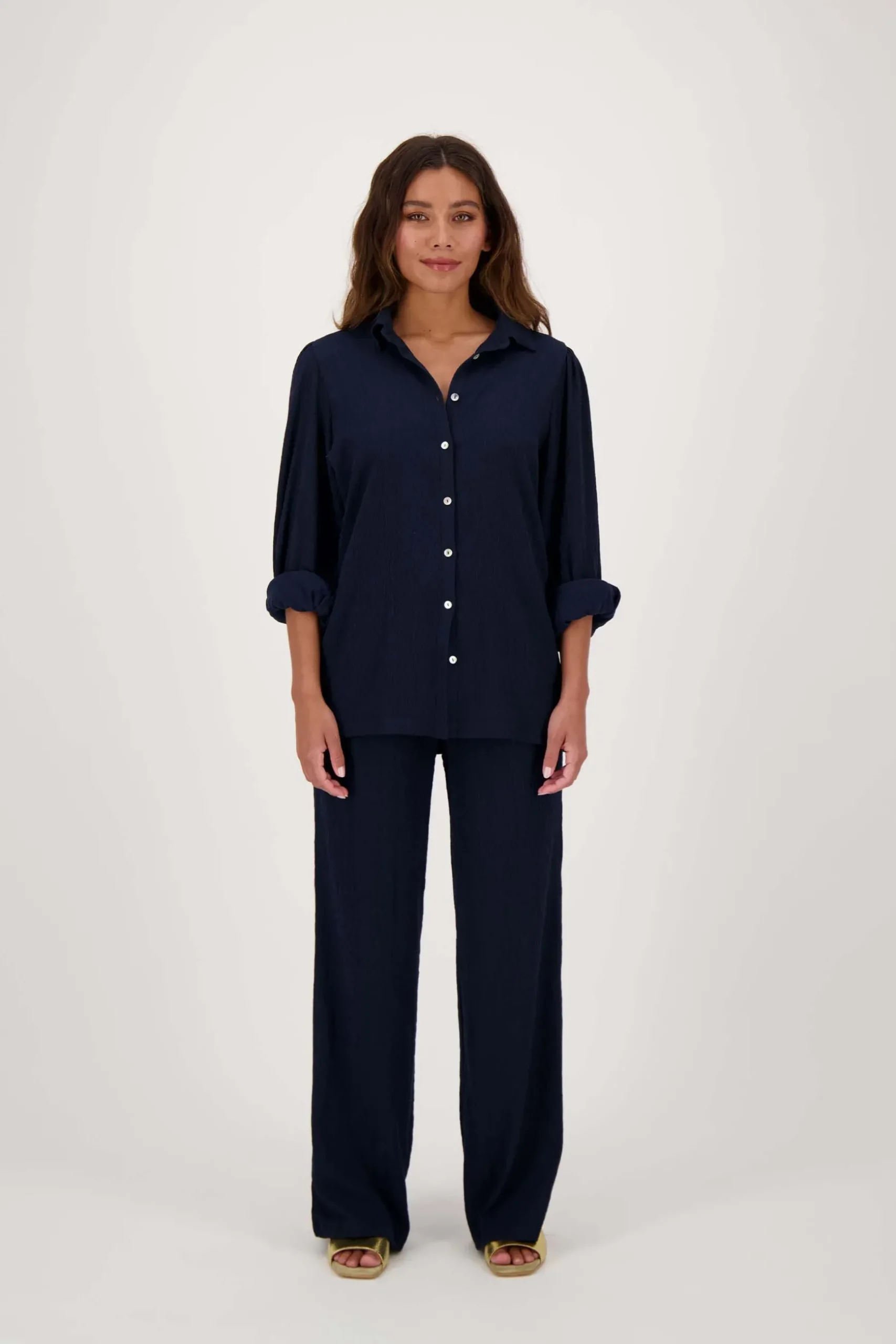 zusss broek van crinkle stof donkerblauw