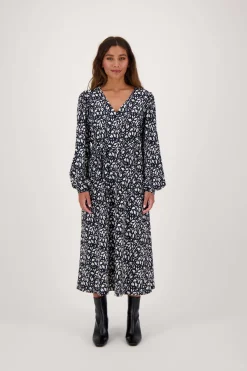 zusss wikkeljurk met blaadjesprint donkerblauw