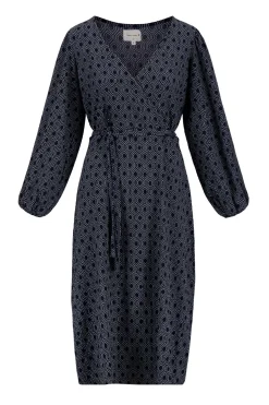 zusss wikkeljurk met blockprint donkerblauw/grijs