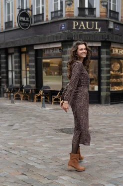 zusss wikkeljurk met print chocoladebruin